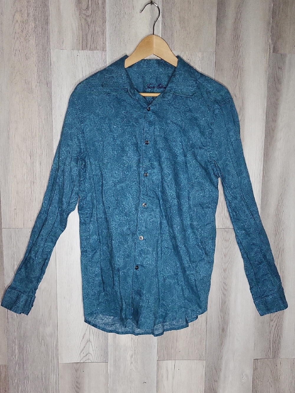 Tasso Elba 100% Linen Button Down Shirt Mens Medium Teal Floral Paisley